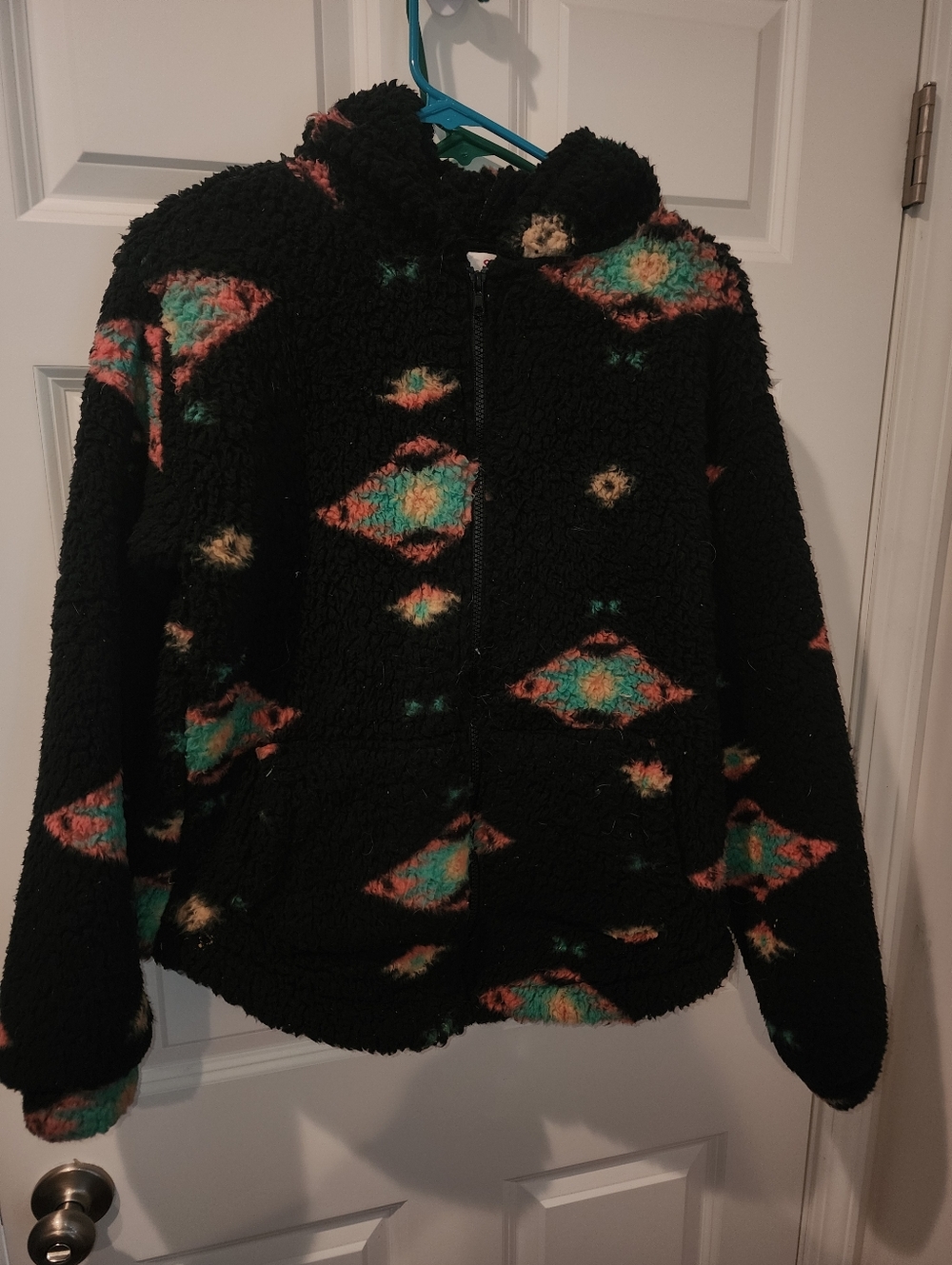 SO Black Sherpa Jacket with Teal and Coral Accents